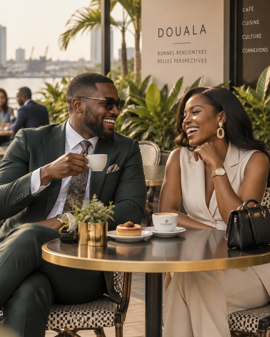 A couple sharing a laugh over coffee at a Douala café terrace