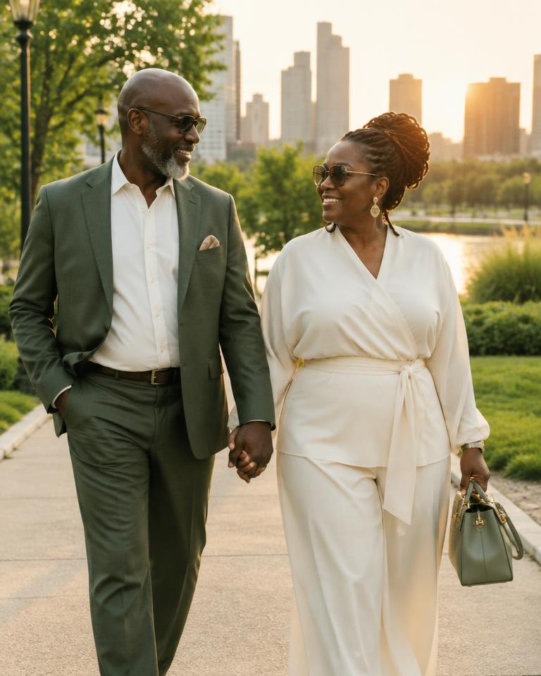 A mature couple walking hand in hand at golden hour