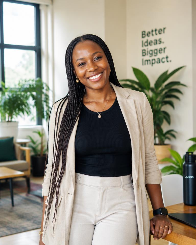A smiling entrepreneur in a bright Lagos studio